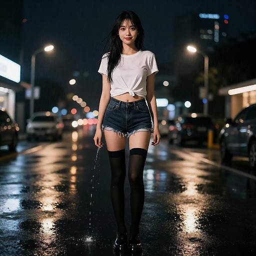 Realistic Night Cityscape with Cute Girl