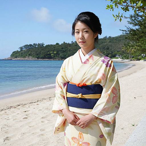 Asian woman in traditional yellow floral kimono with navy obi, standing on sunny beach with clear blue water and lush trees. Photograph.