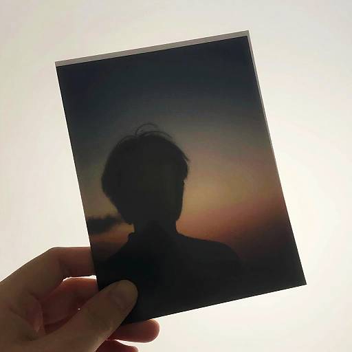 Photograph of a silhouetted hand holding a photo of a person's head against a colorful sunset background, with dark foreground and bright white light