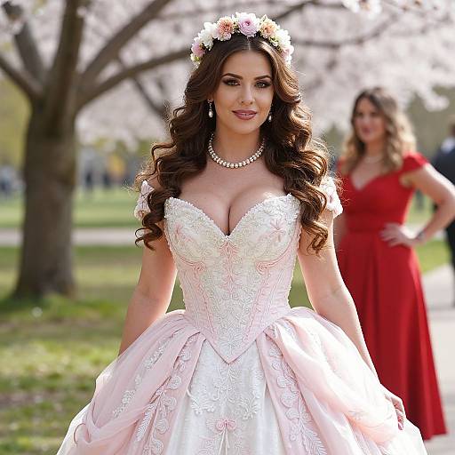 Photograph of a brunette bride with long, wavy hair, wearing a white, lace-embellished, off-the-shoulder wedding gown