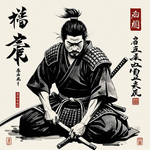 Courageous Samurai in Sumi-e Style