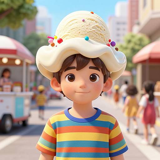 Digital cartoon of a smiling young boy with brown hair wearing a white ice cream hat and rainbow-striped shirt, standing on a sunny street with blurred ice cream