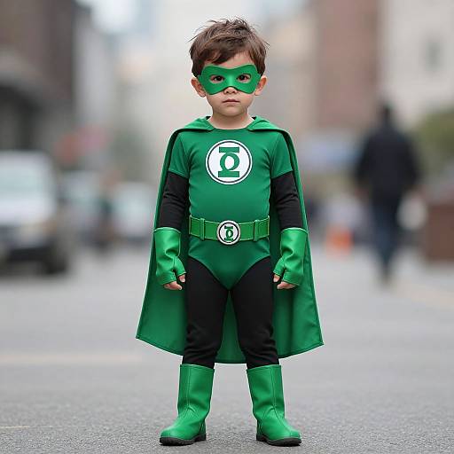 Photograph of a young boy in a green superhero costume with mask, cape, gloves, boots, and emblem, standing on a blurred city street.