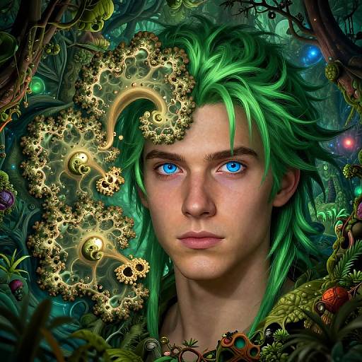 Digital art of a green-haired, blue-eyed person with golden gears and cogs in their hair, surrounded by a vibrant, mystical forest.