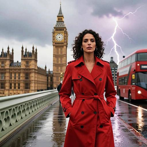 Photograph of a curly-haired woman in a red trench coat, standing on a rain-soaked London bridge with the Big Ben clock tower and a red