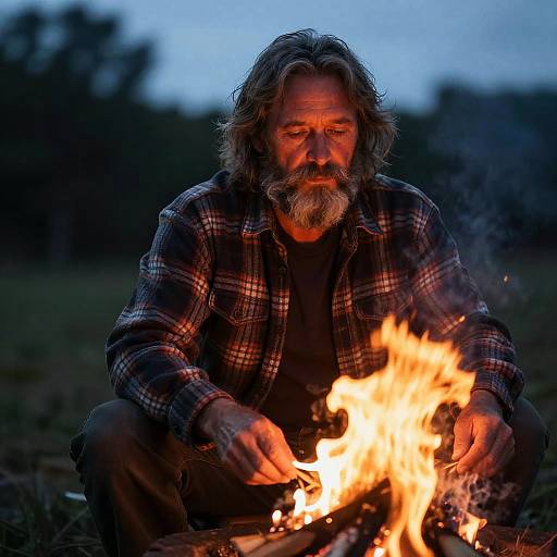 Elderly Man by Campfire at Dusk