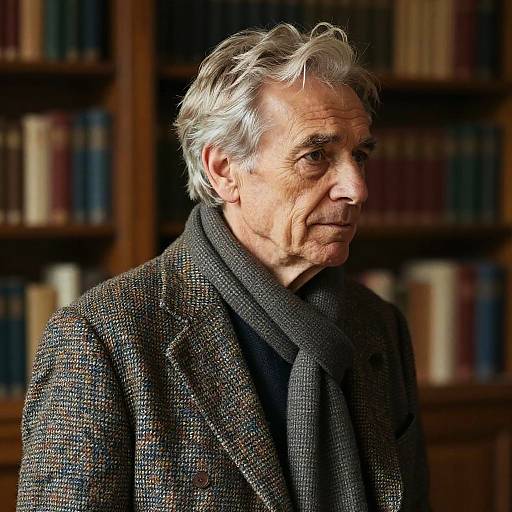 Photograph of an elderly man with silver hair, wearing a textured brown blazer and black scarf, standing in front of a bookshelf.
