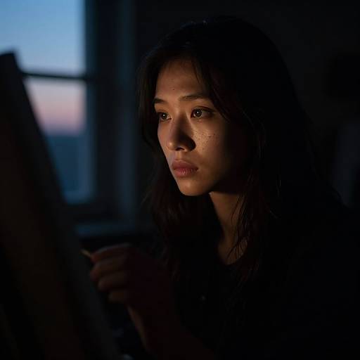 Photograph of a young woman with long, dark hair, dimly lit, gazing intently at a computer screen, with a blue sunset visible