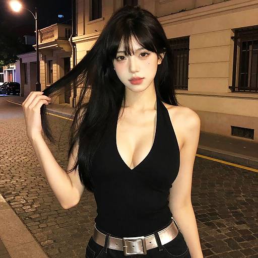 Photograph-style digital image of a young Asian woman with long black hair, wearing a black halter top and belt, standing on a cobblestone