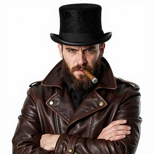 Bearded Man in Top Hat Smoking Cigar