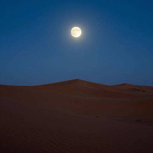 Photograph of a moonlit desert night, with a bright, full moon in a deep blue sky, casting light over dark, sandy dunes.