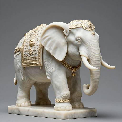 Photograph of an intricately carved white marble elephant statue adorned with gold jewelry, including a headpiece and necklace, standing on a square base against a