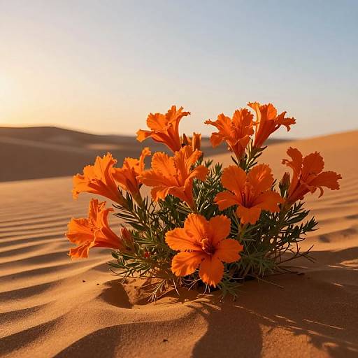 Photograph of vibrant orange desert marigolds with bright green stems, planted in golden sand dunes under a clear, sunset sky.