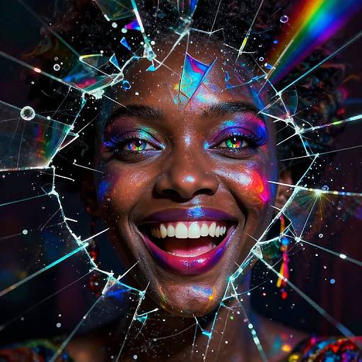 Photograph of a smiling Black woman with vibrant neon makeup, shattered glass-like effects over her face, colorful background, and glowing rainbow lights.
