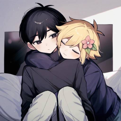 Boys in Sweaters Embracing with Flowers