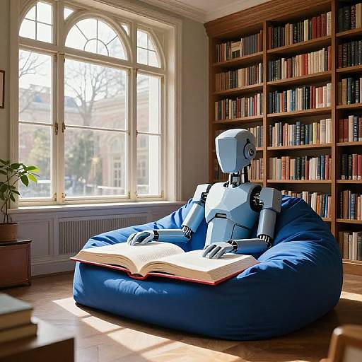 Photograph of a white robotic figure with a spherical head, reading an open book on a blue bean bag chair, in a sunlit library room with