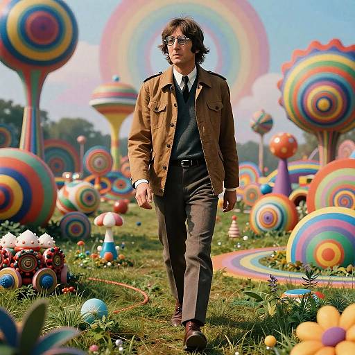 Photograph of a curly-haired man in a brown jacket, black tie, and gray pants walking through a colorful, whimsical, rainbow-themed, candy