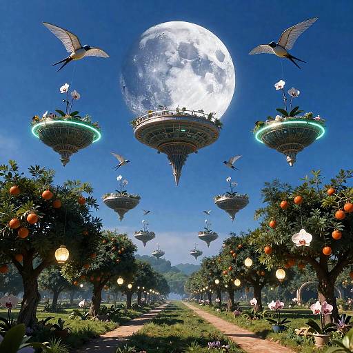 Levitating Zephyr Orchards Above Cobalt Moon