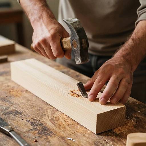 Hands Carving Wood on Weathered Workbench