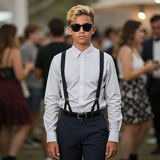 Photograph of a blonde, white male model with styled hair, black sunglasses, white striped shirt, black suspenders, and black pants, walking in