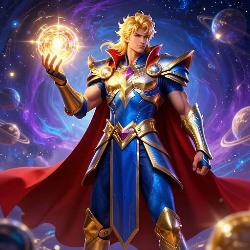 Digital illustration of a blond, muscular superhero in blue and gold armor, holding a glowing orb, standing against a cosmic galaxy background with planets. Red cape