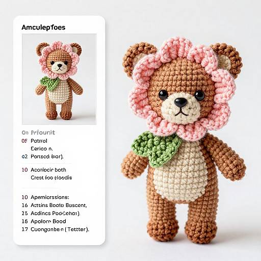 Photograph of a crochet amigurumi teddy bear with pink flower-like ears, green leaf scarf, and detailed yarn specifications on white background.