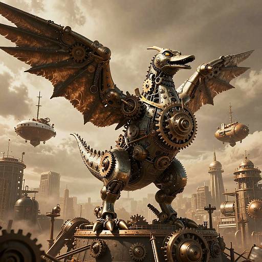 Steampunk Mechanical Dragon in Industrial City