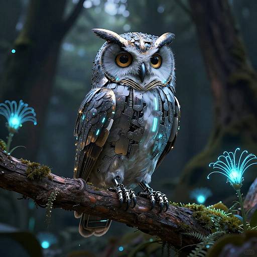 Cybernetic Owl in Neon Forest