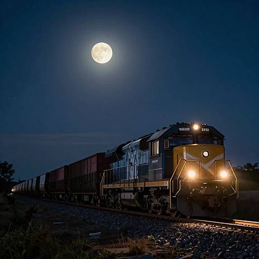 Photograph of a blue and yellow freight train at night, illuminated by moonlight, traveling on darkened tracks with a bright full moon in the dark