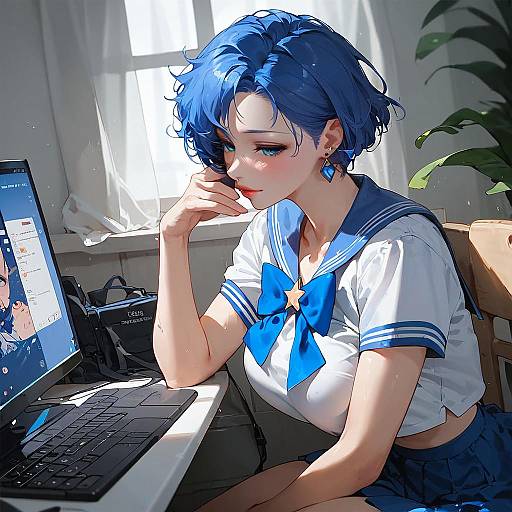 Sailor Mercury Working on Computer