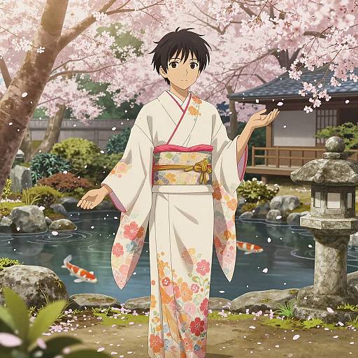 Anime Character in Cherry Blossom Garden