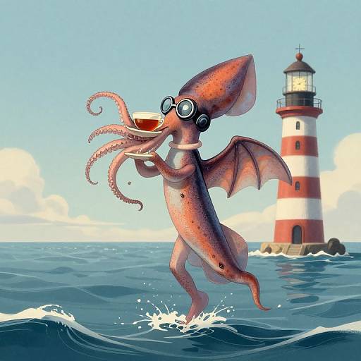 Digital illustration of a squid wearing goggles and wings, holding a cup, jumping out of the ocean beside a red-and-white lighthouse under a clear blue