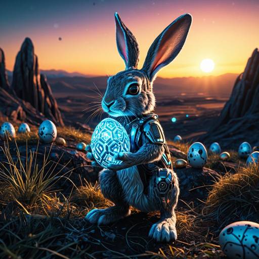 Cybernetic Hare Holding Luminous Fiber Optic Egg at Dawn Cybernetic Hare Holding Luminous Fiber Optic Egg at Dawn