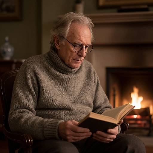 Elderly Man Reading by Fireplace