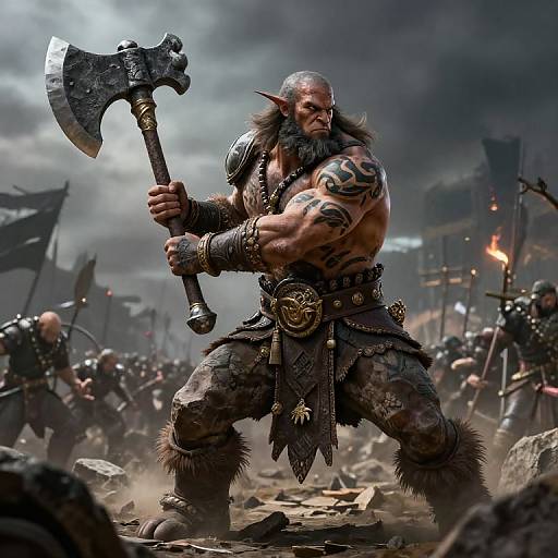 Digital art of a muscular, bearded orc warrior with pointed ears, wielding a large axe, standing in a chaotic battlefield with smoke and burning flags.