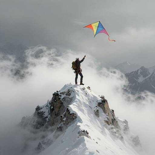 Photograph of a lone hiker on a snow-covered mountain peak, flying a colorful kite amidst swirling mist and cloudy skies.