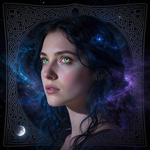 Digital portrait of a fair-skinned woman with green eyes, long black hair, and cosmic starry background, framed by intricate Celtic patterns.