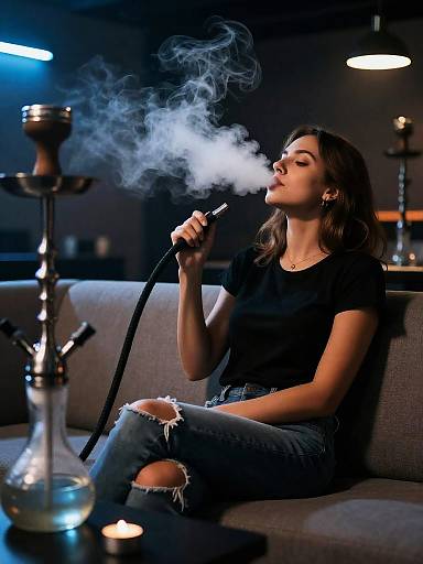 Woman Smoking Shisha in Lounge