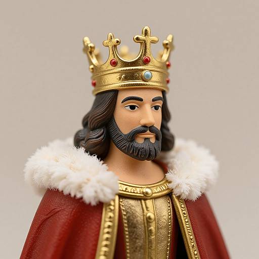 Photograph of a plastic figurine king with a gold crown, red beard, dark wavy hair, wearing a red velvet robe with white fur trim