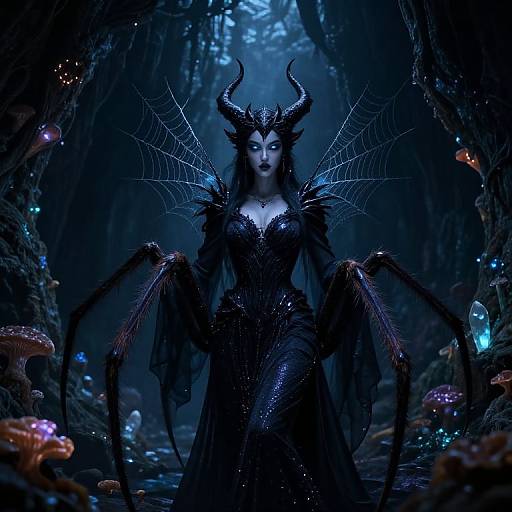 Digital art of a dark, demonic queen with black horns, spider web wings, and a shimmering black dress in a mystical forest.