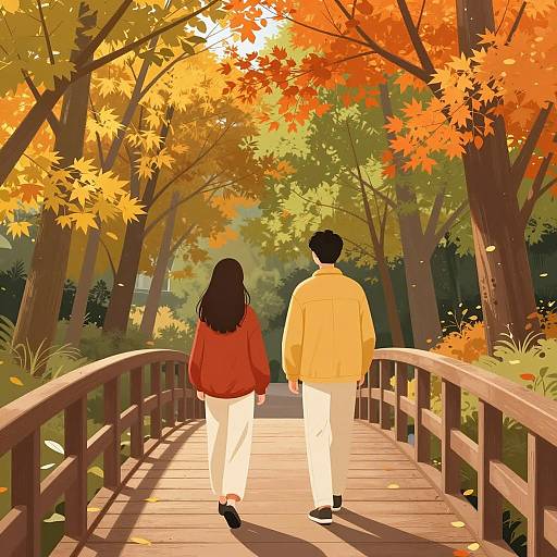 Autumn Bridge Scene with Two Figures