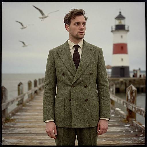 Photograph of a serious, brown-haired man in a green tweed suit and black tie, standing on a weathered pier with seagulls flying