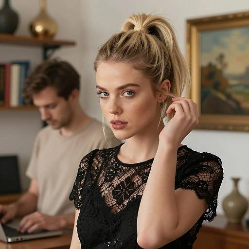 Blonde Woman with High Ponytail and Black Lace Top