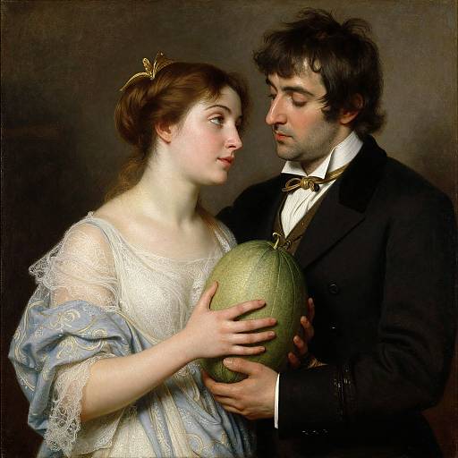 Classical painting of a pale-skinned woman with brown hair in a blue lace dress, holding a melon, gazing at a dark-haired man