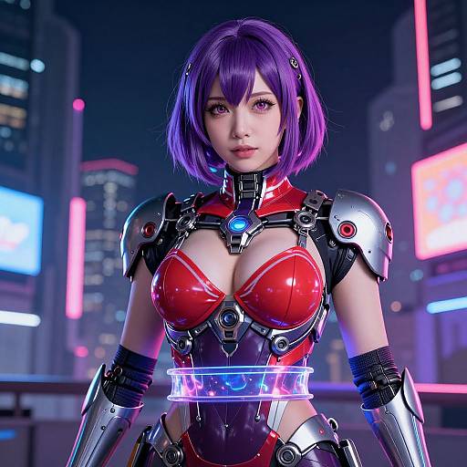 CGI image of a purple-haired anime woman in a futuristic red and black metallic armor, glowing blue accents, in a neon-lit cityscape.