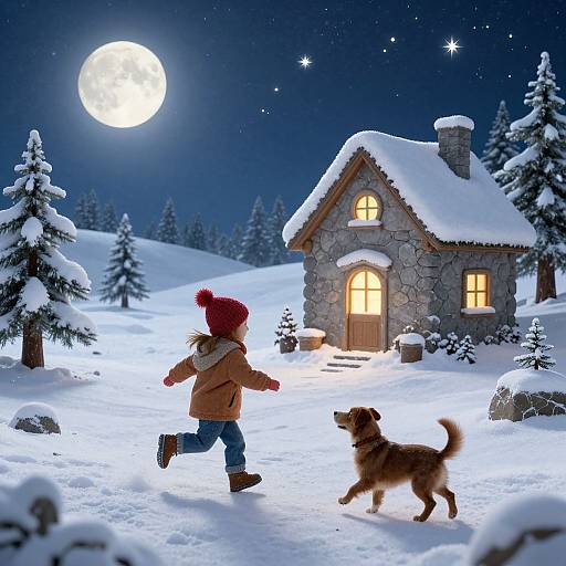 Digital illustration of a child in winter clothes, red hat, and brown jacket, walking a dog, towards a lit stone cottage in a snowy, star