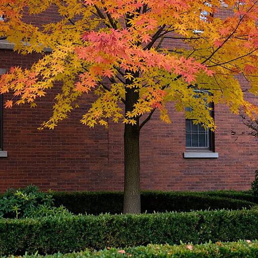 Photograph of a vibrant autumn tree with orange and yellow leaves, standing in front of a red brick building, with green hedges below.