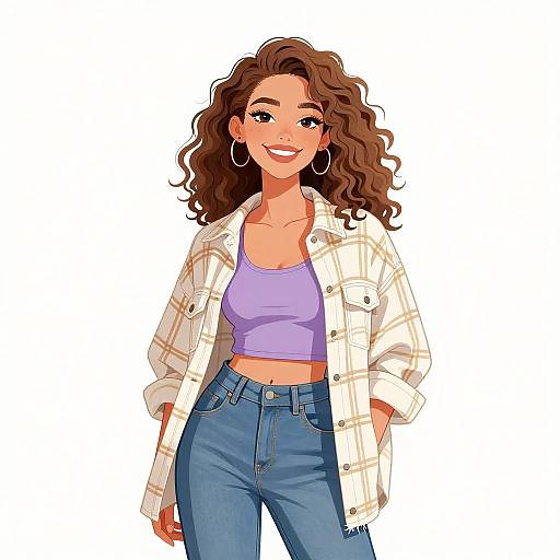 Digital illustration of a smiling woman with wavy brown hair, wearing a purple crop top, blue jeans, and a white plaid shirt.