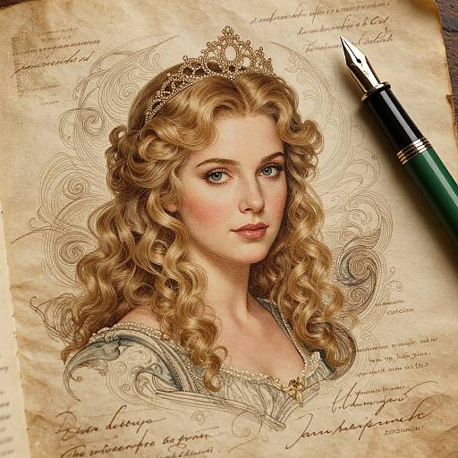Detailed ink drawing of a blonde, curly-haired princess with blue eyes, wearing a golden tiara and ornate gown, on vintage paper with cursive