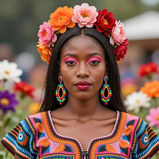 Woman Wearing Floral Headpiece and Colorful Dress
